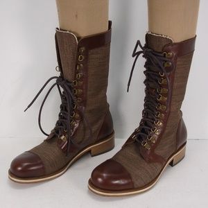 HELM 2843 BROWN LEATHER CANVAS LACE FRONT BOOTS 9